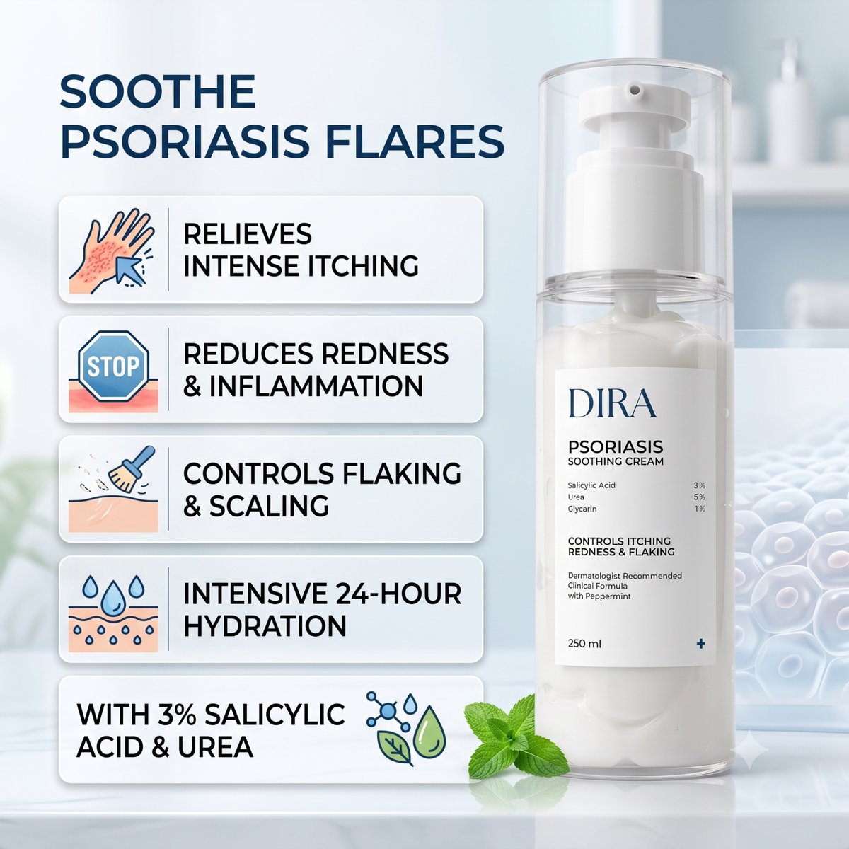 Psoriasis Soothing Cream (250 ml) – Targeted Relief for Itching, Redness & Flaking | 3% Salicylic Acid, 5% Urea & Peppermint